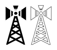 Two simple, bold icons depicting a communication tower, one filled and one outlined. vector