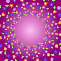Bright festive pink background decorated with a pattern of multi-colored flowers and leaves arranged in a circle vector