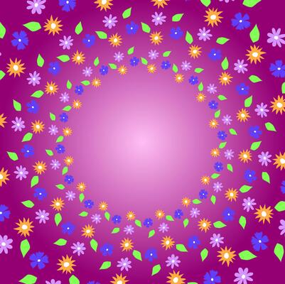 Bright festive pink background decorated with a pattern of multi-colored flowers and leaves arranged in a circle