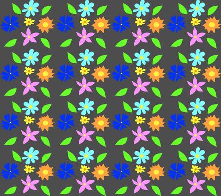 Seamless floral pattern of colorful flowers in doodle style on grey background