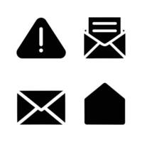 Set of four simple black email icons. envelope, open envelope, alert, and closed envelope. vector