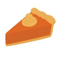 Cute pumpkin pie slice with whipped cream topping in warm fall color palette. vector