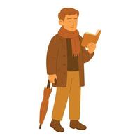 Man in autumn clothes reading a book and holding umbrella. Flat cozy cartoon illustration. vector