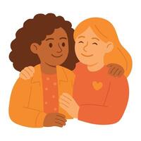 Two smiling girls with arms around each other, symbolizing friendship, unity, and emotional support. vector