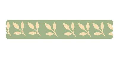 Washi tape with cream botanical leaf pattern on green background. Flat cartoon illustration. vector