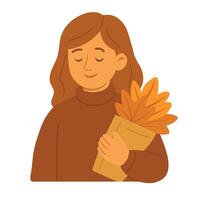 Girl in cozy sweater holding autumn leaves bouquet. Warm and peaceful flat illustration. vector