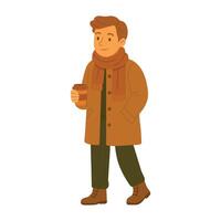Man in coat and scarf with coffee. Autumn cartoon character isolated on white background. vector