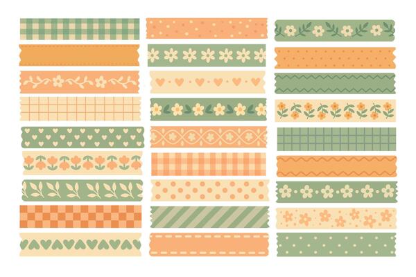 Set of colorful washi tapes with flowers hearts and patterns. Cute cartoon flat style illustration.