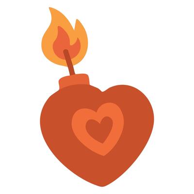 Flat cartoon heart-shaped bomb with flame, symbol of passion, emotion and explosive feminine power.