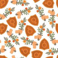 Seamless pattern with hands holding floral swords and feminist shields, symbolizing strength and peace. vector
