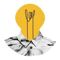 Trendy halftone collage element. Person, businessman, expert with light bulb instead head. Idea, brainstorming, problem solution concept Modern retro sticker for mixed media design illustration vector