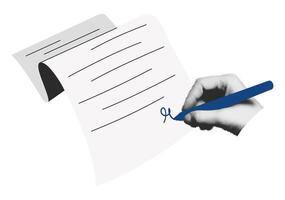 Cutout hand signing business contract or document, signature concept halftone art collage element. Modern retro mixed media illustration isolated on transparent background vector