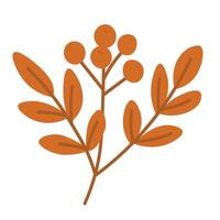 Decorative autumn twig with red berries and simple leaves in flat doodle cartoon style. vector