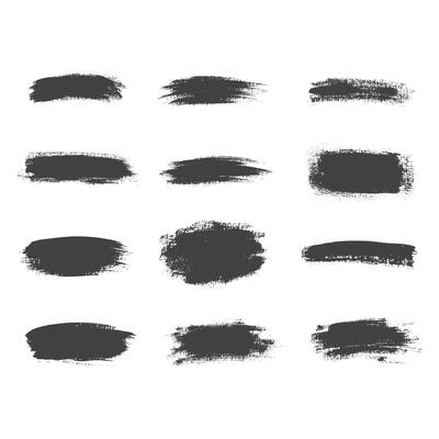 Collection of ink Brush Strokes. Set of Grunge Brushes. Dirty textures of banners, boxes, frames and design elements. Painted objects Isolated on white background