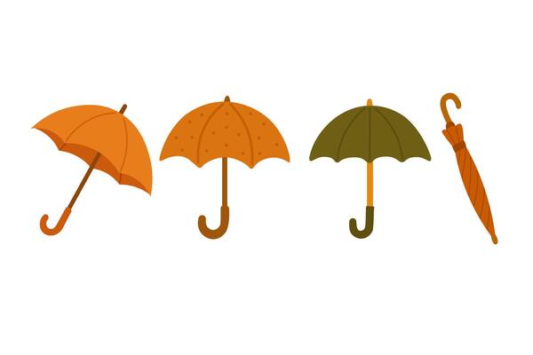 doodle set of colorful umbrellas in flat cartoon style for cozy fall designs.