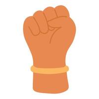 Flat cartoon hand with raised fist and bracelet, symbol of power, unity and resistance. vector