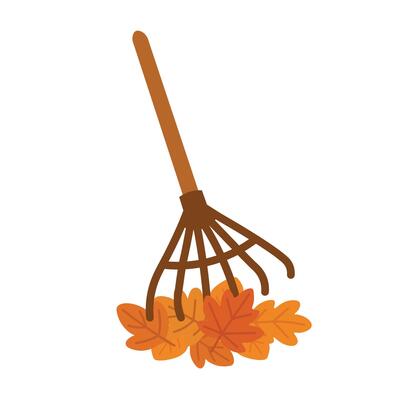 Cartoon illustration of a rake gathering orange autumn leaves in flat seasonal style.