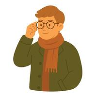 Smiling man in coat and scarf adjusting glasses. Cozy autumn flat cartoon style. vector