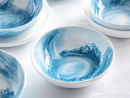 Stylish Dining Ware Set With Ceramic Marble Design In Blues photo