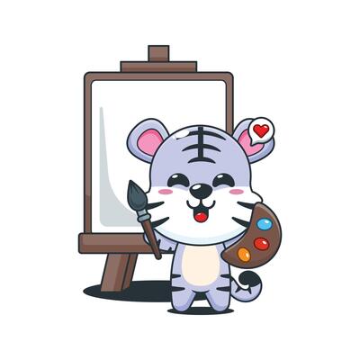 Cute white tiger cartoon illustration wants to paint on canvas