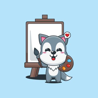 Cute wolf cartoon illustration wants to paint on canvas