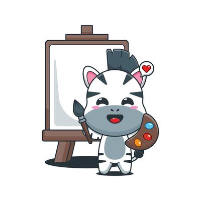 Cute zebra cartoon illustration wants to paint on canvas