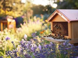 Garden Sanctuary Flourishing with Beehive and Pollinator Life photo