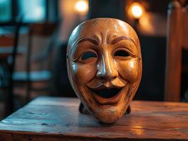 Laughing Mask Resting on Timber photo