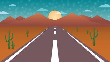 Illustration of a desert highway surrounded by cactus mountains and a glowing sunset under a starry sky perfect for travel and adventure themed design projects vector