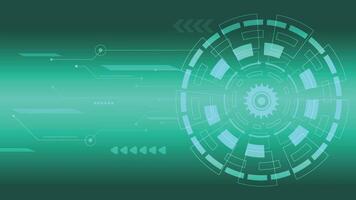 Green digital technology background featuring gear style circular interface and glowing circuit lines ideal for modern innovation and electronics presentations vector