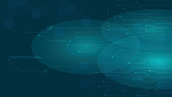 Abstract tech background featuring blue circuit lines and hexagon shapes with a glowing gradient effect perfect for digital themes and innovation presentations.