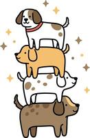 Stack of four playful cartoon dogs with different fur colors and sparkling stars around them illustration vector