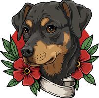 Doberman dog portrait with red flowers and green leaves illustration in front of red circle background vector