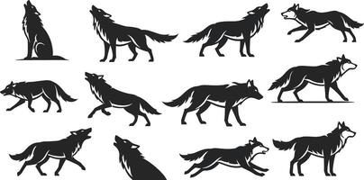 Wolf silhouette set with multiple poses and howling black illustrations for wildlife design and nature themes vector