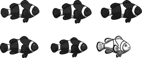 Clownfish black and white illustration set with six different views for aquatic design and ocean life projects vector