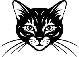 Black and white cat face illustration with detailed eyes and whiskers in simple monochrome style vector