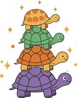 Stack of colorful turtles with orange, green, yellow, and purple shells in whimsical illustration style vector