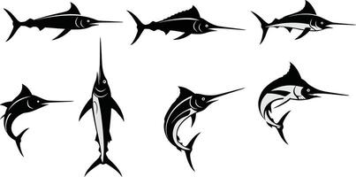 Marlin fish black silhouette illustration with three swimming swordfish dynamic composition vector