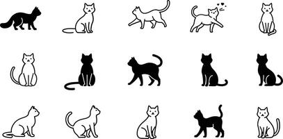Cat silhouettes collection in black and white illustration showing various poses and playful moods vector