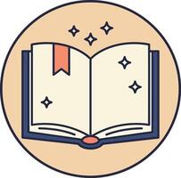 Open book with bookmark and magical sparkles icon illustration in circle background for education and fantasy concepts vector