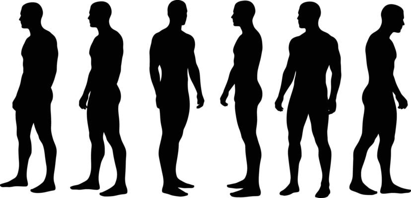 Male silhouette standing in different poses illustration in black color profile views and front views