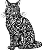 Black and white tribal style cat illustration with intricate swirling patterns and ornamental design elements vector