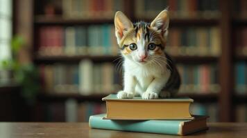 Cute Kitten Sitting On Bookshelf Books photo