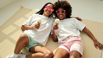 Smiling Women Enjoying Ice Cream Together Indoors photo