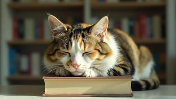 Calico Cat Sleeping On Book Indoors photo