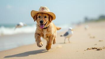 Happy Golden Retriever Puppy With Cowboy Hat photo