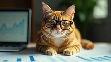 Orange Tabby Cat Wearing Glasses At Desk photo