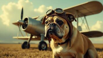 Bulldog Pilot With Biplane On Field photo