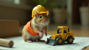 Hamster In Construction Hat With Bulldozer photo