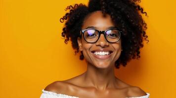 Smiling Woman With Glasses On Yellow photo